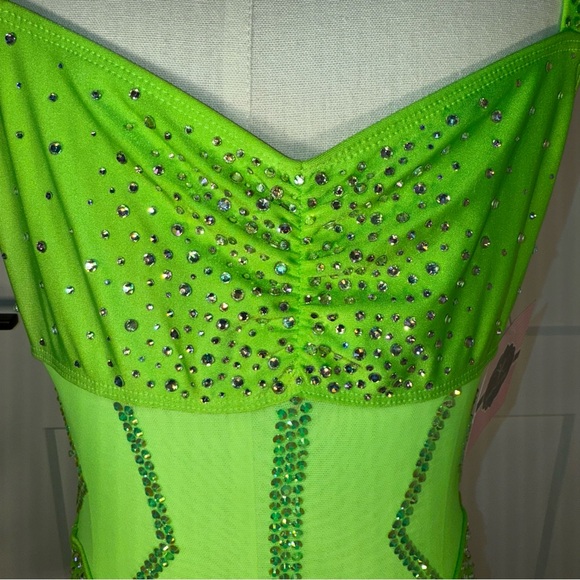 SALE! Rhinestone Kandi Kouture Neon Green Leotard Dance Costume - Picture 1 of 10